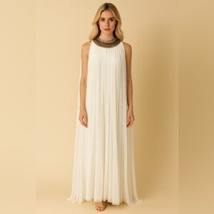 Boston Proper White Maxi Dress with Gold Beading